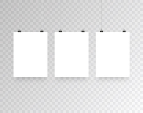 Blank hanging photo frames or poster templates isolated on transparent background. Photo picture hanging, frame paper gallery portfolio illustration vector