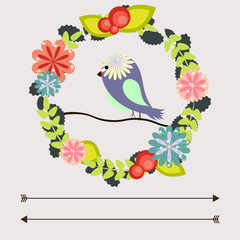 Template for postcard, invitation, wedding, party card with floral frame and funny bird