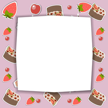 Template for postcard, invitation, wedding, party card with fruits and sweets