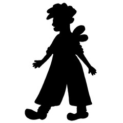 Boy with wings, black elf silhouette. Fantasy person for surface, textile, fabric, prints, banners, advertising. Young walking prankster with propeller in style of Karllson on the roof
