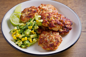 Homemade chicken patties or burgers with avocado corn salsa. horizontal