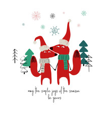 Couple Of Cute Foxes In Winter.