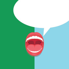 Flat design business Vector Illustration concept copy text for esp Web banners promotional material mock up template. Open Mouth Expressive Surprise Gaping Red Lips Teeth Blank Speech Bubble