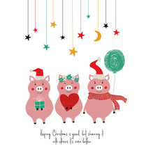 Funny Christmas Card With Cute Pigs.