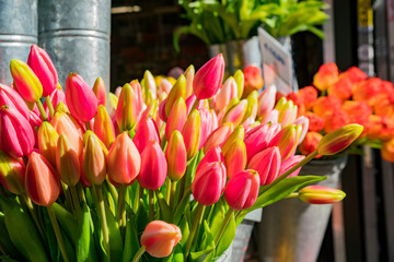 Bunch of colorful tulips selling in the flower market