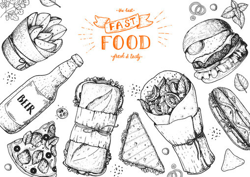 Fast food hand drawn sketch collection. Vector illustration. Junk food set. Engraved style illustration. Fast food top view frame