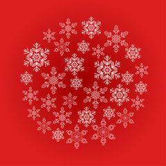 Card with blue snowflakes in a circle on a red background. Seasonal winter collection illustration.