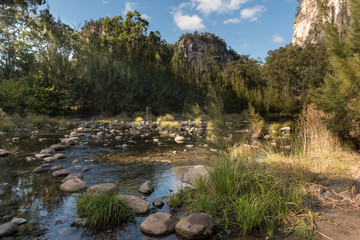 Fototapeta na wymiar Stepping stones across the river flowing through the forested floor of the Carnarvon Gorge, with the sandstone walls of the gorge in the background. Queensland, Australia.