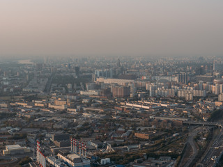 Naklejka premium Panoramic Aerial View of Big City Moscow from above at twilight time