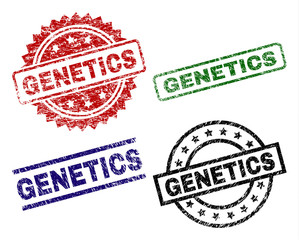 GENETICS seal stamps with corroded style. Black, green,red,blue vector rubber prints of GENETICS caption with dust style. Rubber seals with circle, rectangle, rosette shapes.
