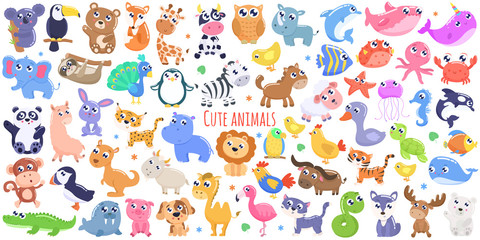 Cute cartoon animals. flat design