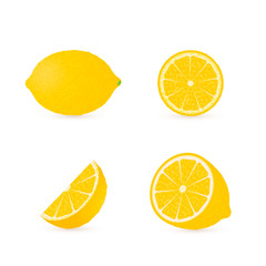 Set of four fresh lemons different views (whole, half, slice, cone).  Natural organic  citrus fruits isolated on white. 3d realistic lemon vector illustration.
