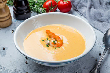 Pumpkin cream soup with shrimp