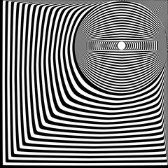 Abstract black and white striped background. Geometric pattern with visual distortion effect. Optical illusion. Op art.