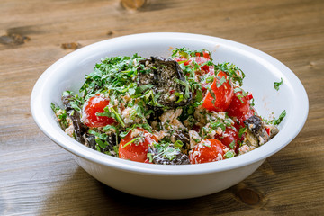 Salad with baked aubergines and feta cheese