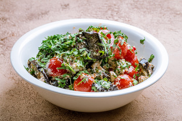 Salad with baked aubergines and feta cheese