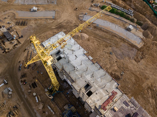 Aerial view of an active downtown construction site.