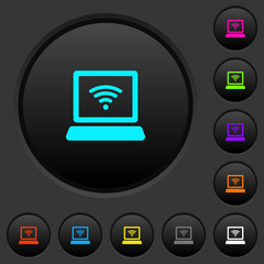 Laptop computer with wireless symbol dark push buttons with color icons