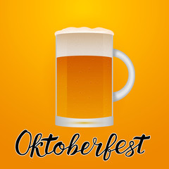 Mug or lager beer and lettering Oktoberfest orange background. Traditional German beer festival vector illustration. Calligraphy font writing.