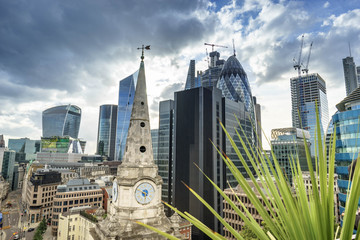 Naklejka premium Aerial view of skyscrapers of the world famous bank district of central London