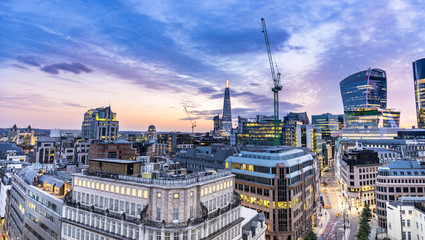 Aerial view of skyscrapers of the world famous bank district of central London