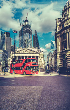 Vintage Picture Of London Street; Royal Exchange London With Red Route Master Bus