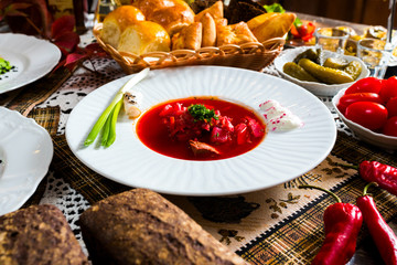 Ukrainian borsch with pampushkas, national Ukrainian cuisine