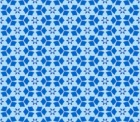Fototapeta premium Geometric seamless pattern. Mix blue and white kaleidoscope. Oriental ornament mosaic background. Azulejos tiles.Vector template for invitations, greeting cards, fabric, wallpapers.