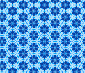Geometric seamless pattern. Mix blue and white kaleidoscope. Oriental ornament mosaic background.  Azulejos tiles.Vector template for invitations, greeting cards, fabric, wallpapers.