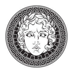 Greek and roman god Apollo. Hand drawn antique style logo or print design art vector illustration.