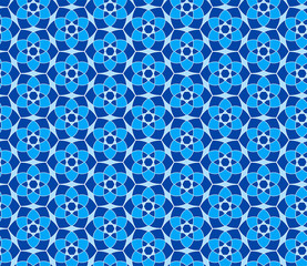Fototapeta premium Geometric seamless pattern. Mix blue and white kaleidoscope. Oriental ornament mosaic background. Azulejos tiles.Vector template for invitations, greeting cards, fabric, wallpapers.