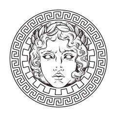 Greek and roman god Apollo. Hand drawn antique style logo or print design art vector illustration. - obrazy, fototapety, plakaty