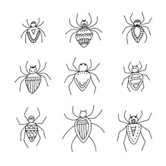 Halloween vector set illustration of funny spiders isolated on transparent background