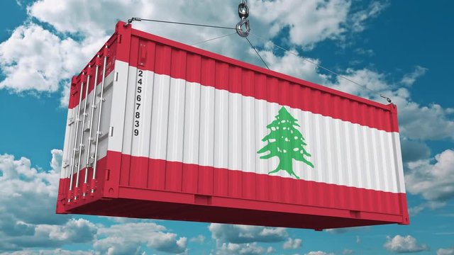 Container with flag of Lebanon. Lebanese import or export related conceptual 3D animation