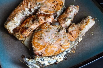 Juicy, mouth-watering fish steak on the plate