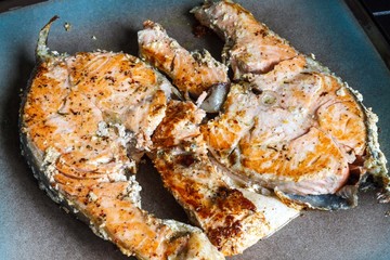 Juicy, mouth-watering fish steak on the plate