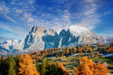 Gartenposter Dolomiten die Bergherbstlandschaft mit buntem Wald