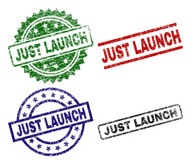 JUST LAUNCH seal prints with corroded style. Black, green,red,blue vector rubber prints of JUST LAUNCH text with retro style. Rubber seals with circle, rectangle, medallion shapes.