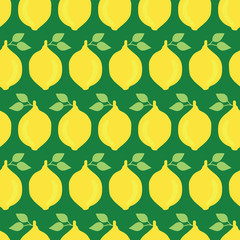 Lemons hand drawn vector seamless pattern background. Yellow lemons with leaves on green. Great for fabric, paper, packaging, home decor, kitchen decor, flyer, bar menu, summer party, farmers market