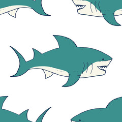 Shark seamless pattern, Hand drawn sketched doodle shark, vector illustration