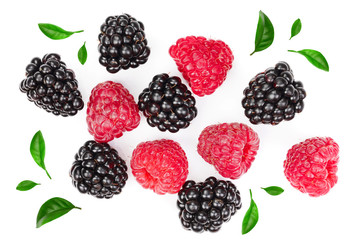 blackberry and raspberry with leaves isolated on white background. Top view. Flat lay pattern