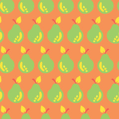Pear seamless vector pattern background. Green an yellow hand drawn pears on peach orange. Great for fabric, paper, packaging, home decor, kitchen decor, flyer, bar menu, summer party, farmers market