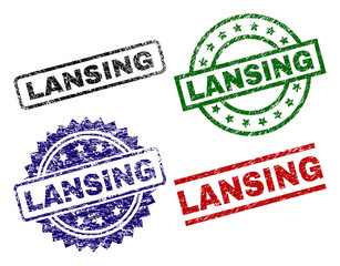 LANSING seal prints with distress style. Black, green,red,blue vector rubber prints of LANSING label with grunge style. Rubber seals with round, rectangle, medal shapes.