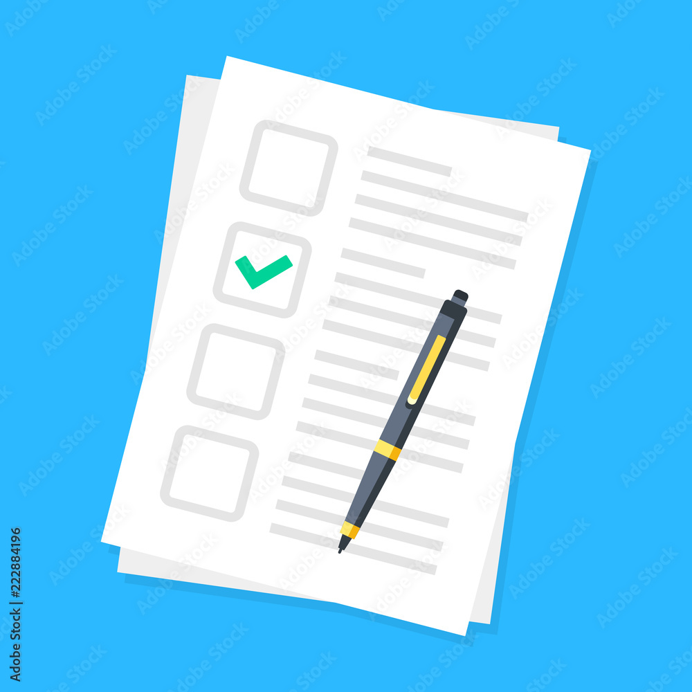 Poster checklist and pen. application form, survey. document and green check mark in checkbox. sheet of pap