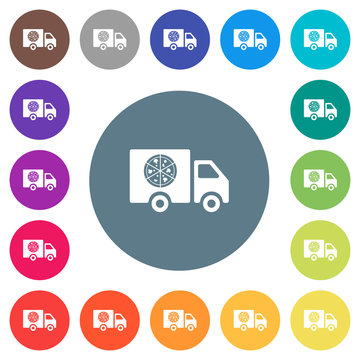 Pizza delivery truck flat white icons on round color backgrounds