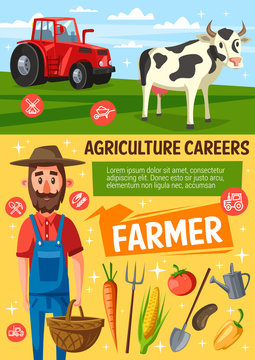 Farmer on farm, cow and tractor