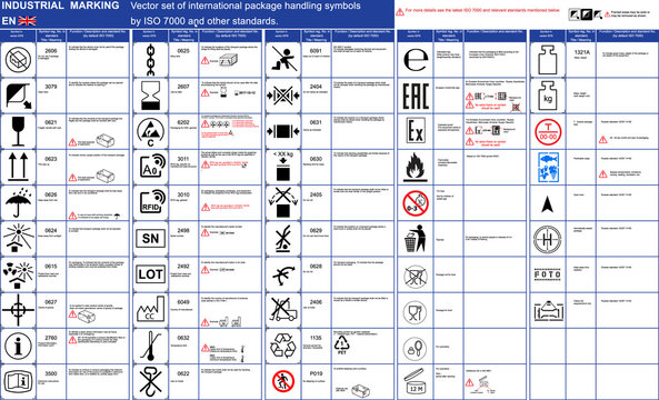 Industrial package marking vector set package handling icons symbols. ISO package symbols icons application rules with illustrations examples. Packaging icons symbols  Cargo marking. Box package icons
