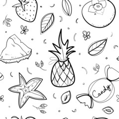 Fototapeta premium Seamless pattern in black &white lines. Fruits, Summer topic