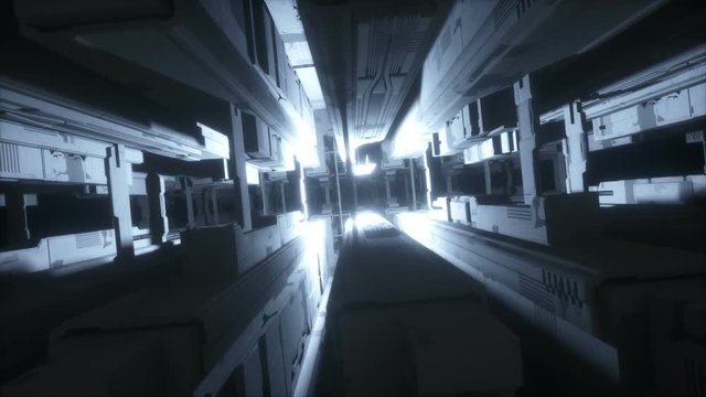 3d render, abstract urban virtual reality tunnel. Futuristic motion graphic. Blue neon light glow, geometric construction. Drone fast flying forward. Loop at 2K resolution.