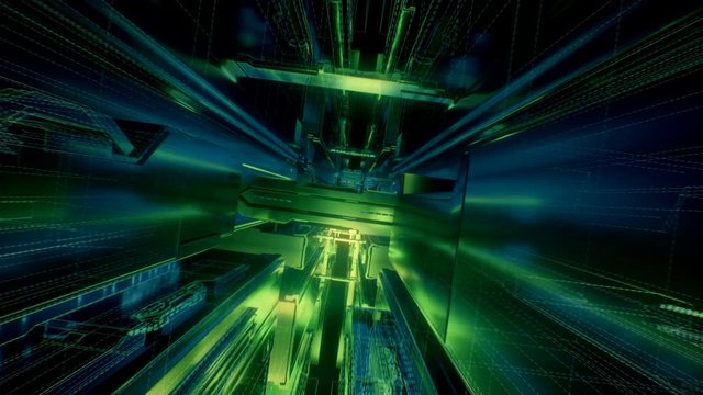 3d render, abstract urban virtual reality tunnel. Futuristic motion graphic. Green and blue neon light glow, geometric construction. Drone fast flying forward. Loop at 2K resolution.